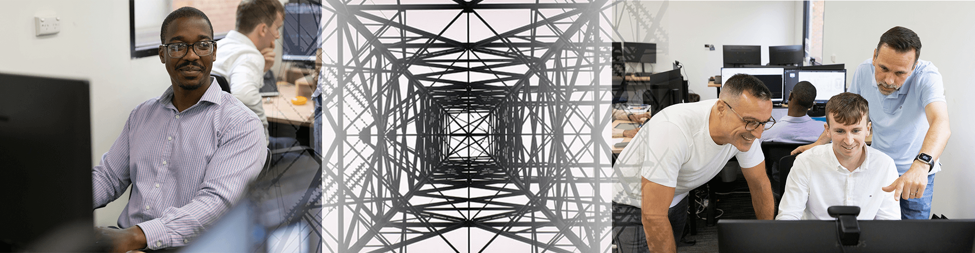 Mosaic image with consulting engineers intermixed with engineering output.